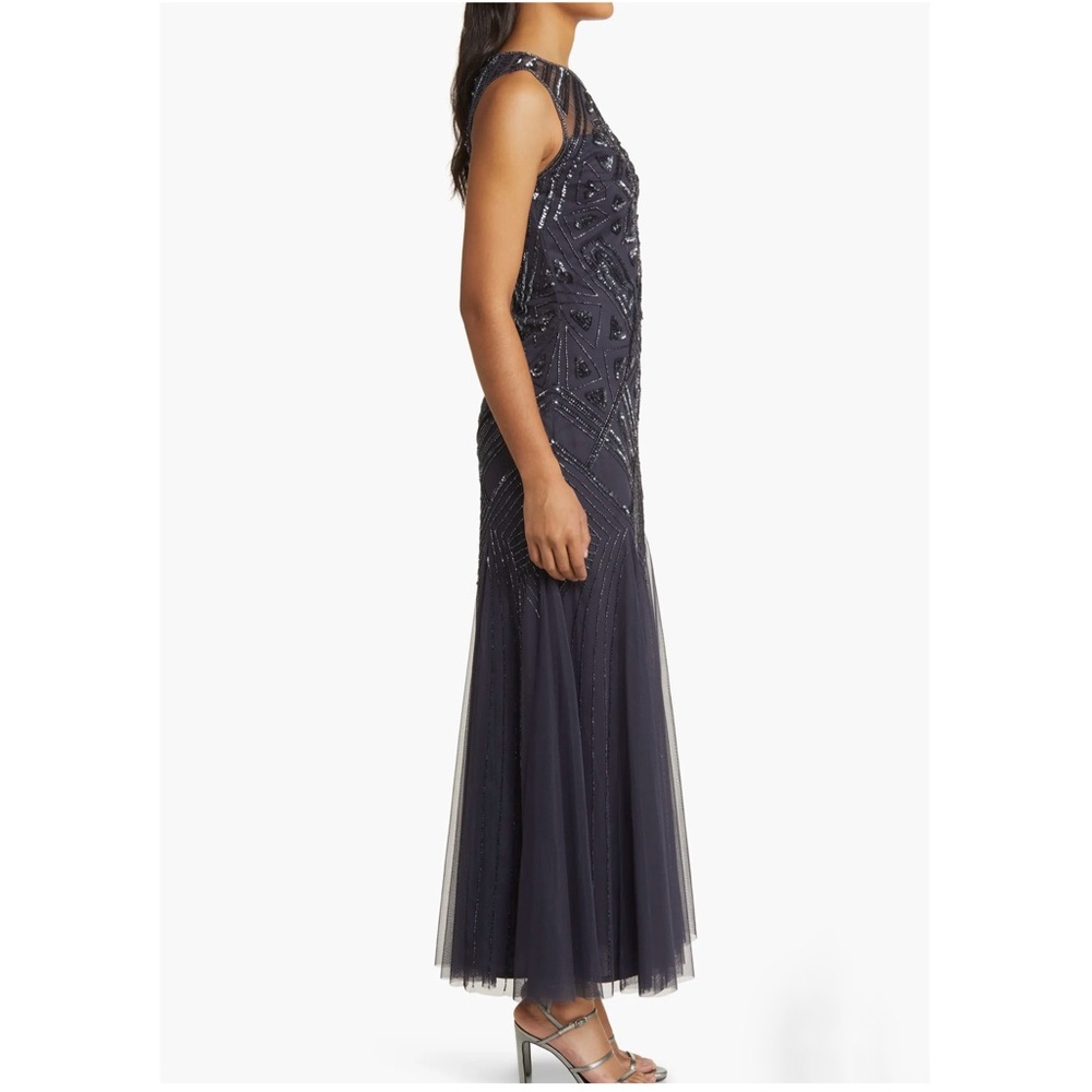 Pisarro Nights Slate Blue Geometric Beaded Sleeveless Gown D-2621 Size 14 - Picture 2 of 13